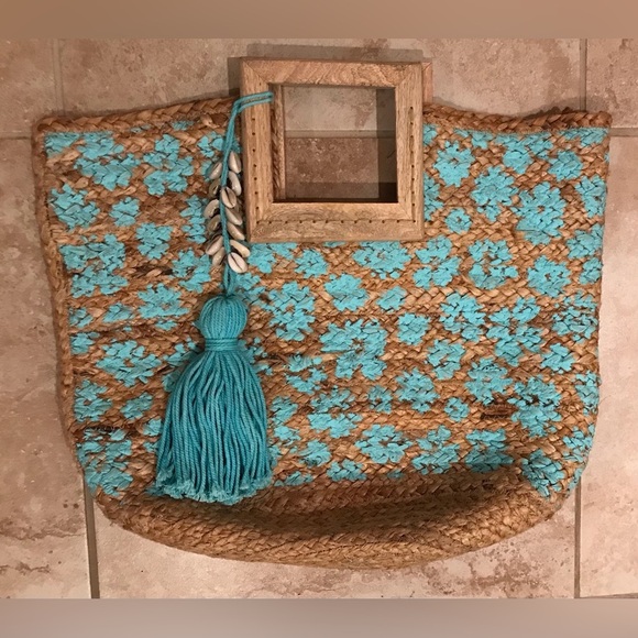 Woven Jute Straw Hobo Bag Tote W/Wooden Handles & Tortoise SeaShell Tassel Charm - Picture 7 of 12